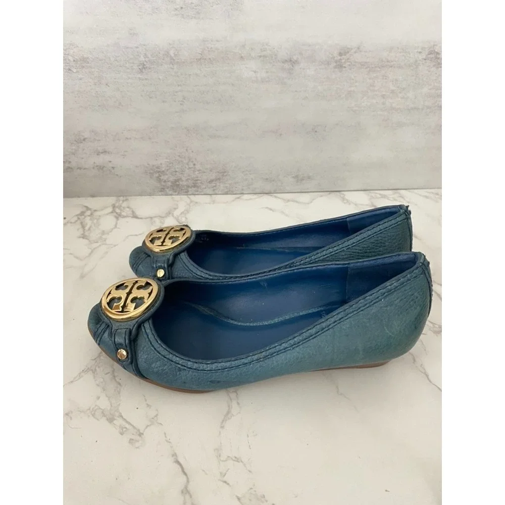 Tory Burch Navy Blue Leather Leticia Wedge Pumps Sz 6M Blue Logo Office Work